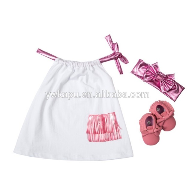 Baby Cotton Frock Design Girl Pillow Case Dress Set With Headband And Baby Shoes