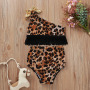Wholesale Fashion Soft Fabric Leopard Printed Baby Girls Swimsuit Set with Black Fringe