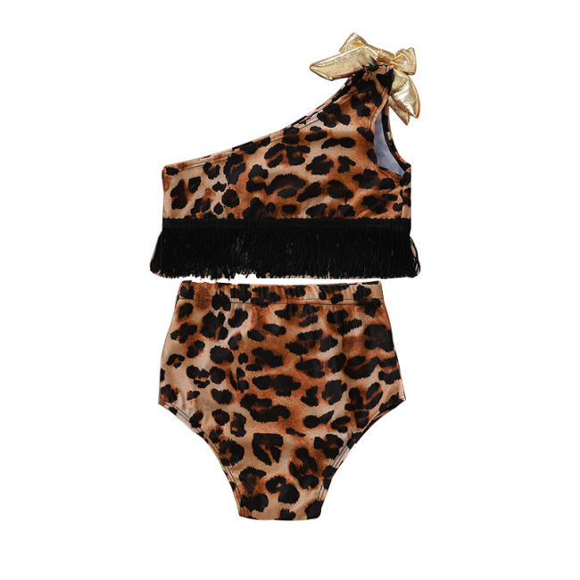 Wholesale Fashion Soft Fabric Leopard Printed Baby Girls Swimsuit Set with Black Fringe