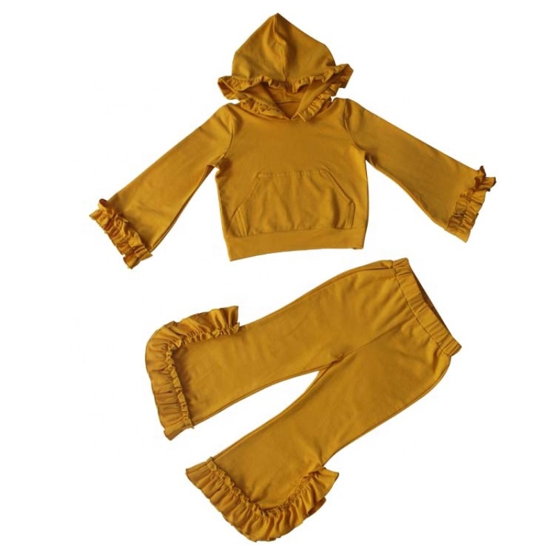  High Quality OEM Style Warm Fall Cotton Ruffle Girl Clothing Set With Hoodie