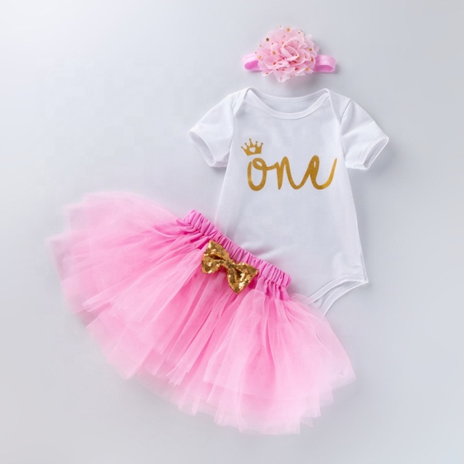 Wholesale Short Sleeve Baby Birthday Romper Set With Headband 