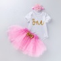 Wholesale Short Sleeve Baby Birthday Romper Set With Headband 