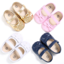 Hot Sale Boutique Cheap Flower Girls Pink Gold White Wedding Flat Shoes for Baby and Kids
