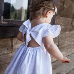 Toddler Baby Girl Dress Summer Solid Cotton Linen Halter Flutter Sleeve Bow Kids Casual Dresses