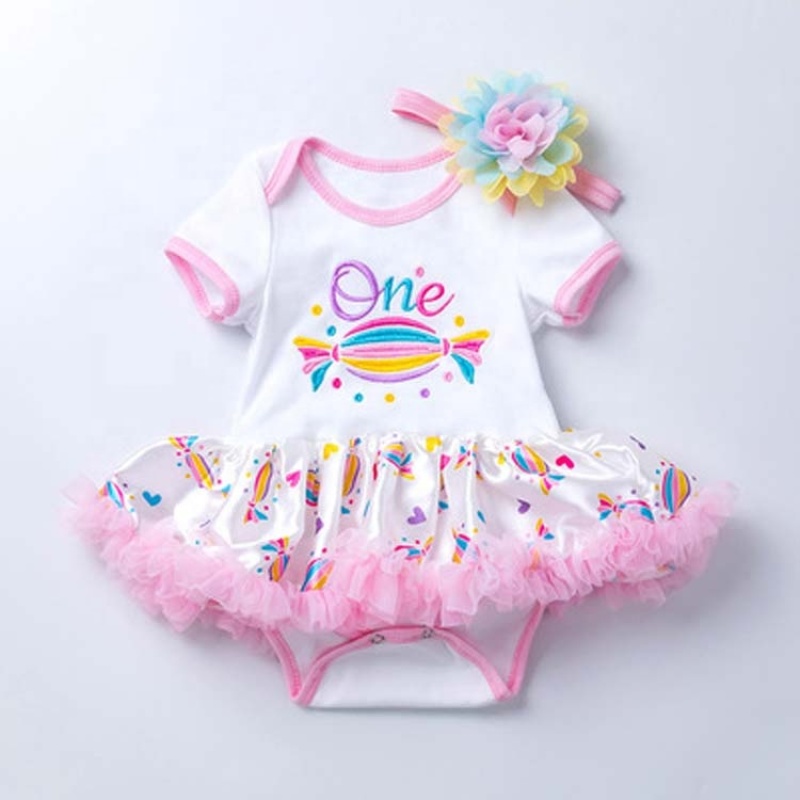 Factory Sale Little Girl Birthday Bodysuit With Chiffon Skirts And Hairband For Birthday