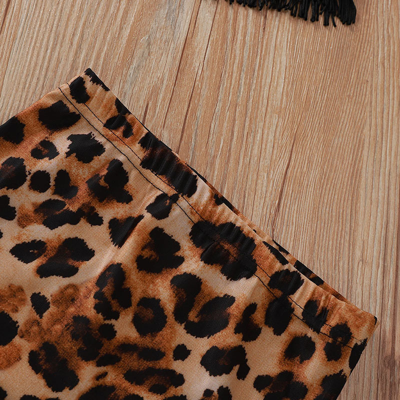 Wholesale Fashion Soft Fabric Leopard Printed Baby Girls Swimsuit Set with Black Fringe