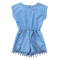 Wholesale trending baby denim clothing pompoms jumpsuit for baby and girls and toddler solid romper unisex baby clothes