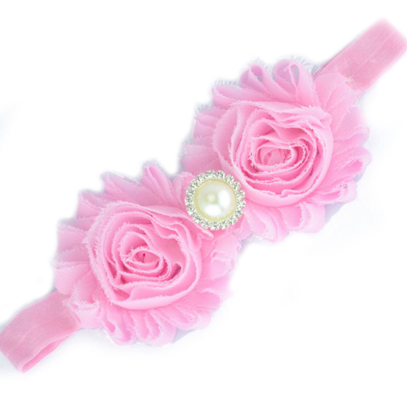 wholesale Hand Made Kid Pearl Hair Accessories Pearl Rhinestone Chiffon Flower Headband For Girl