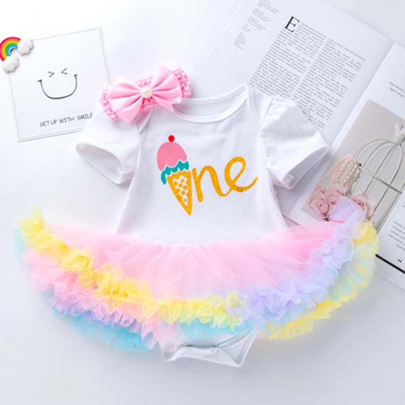 Hight Quality Baby Birthday Rainbow Smash Cake Tutu Dress Set With Headband 