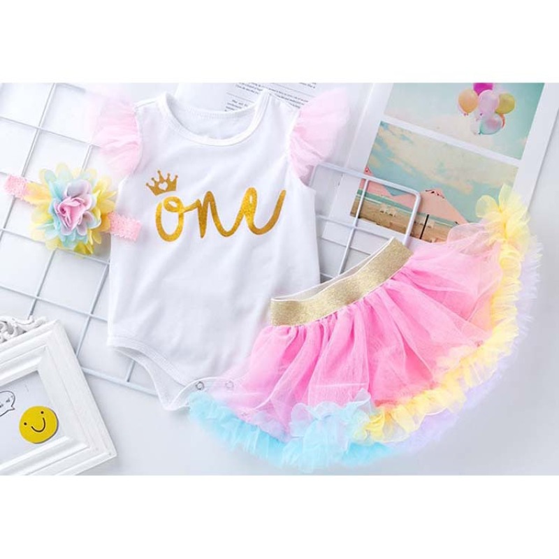 Wholesale High Quality Cotton Baby Romper with Tutu Skirts And Headband Outfit Set For Birthday Party