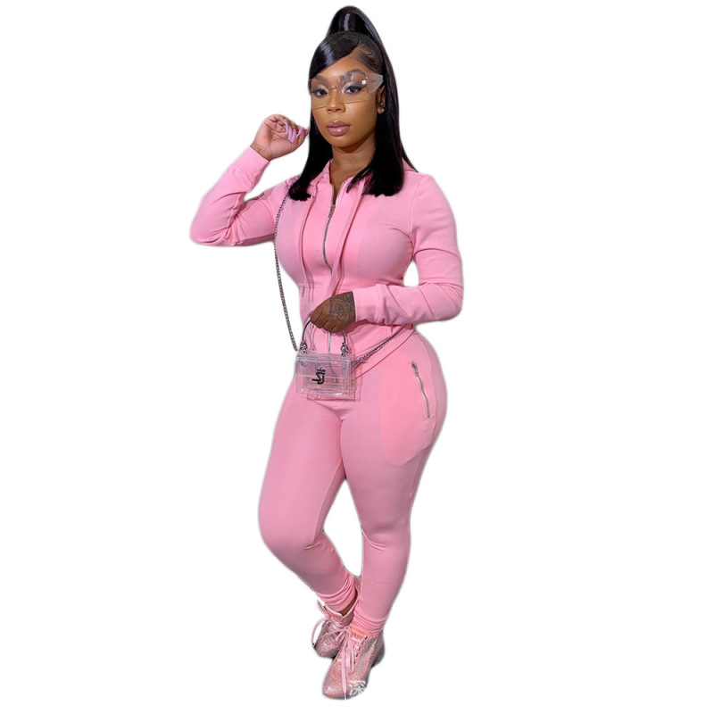 Amazon Wish Fall Hot Cross-Border European And American Women Solid Color Suit Personalized Zipper Sports Sweater Two-Piece Suit