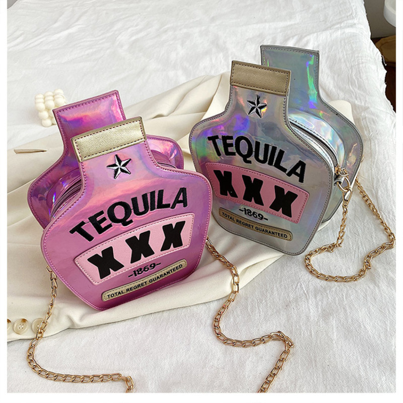 Creative Fun Laser Sequin Wine Bottle Bag Cross body bag Handbags 2020 Ins Ins New Embroidery Letter Women Shoulder Bag Handbag