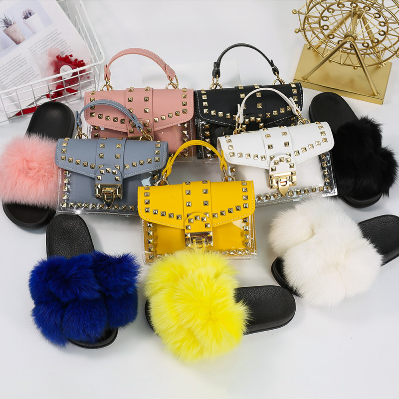 Gold Supplier New Collection 2 Piece Sets Transparent Rivet Bags And Fur Slippers Set Designer Women Handbags Ladies Purses Set
