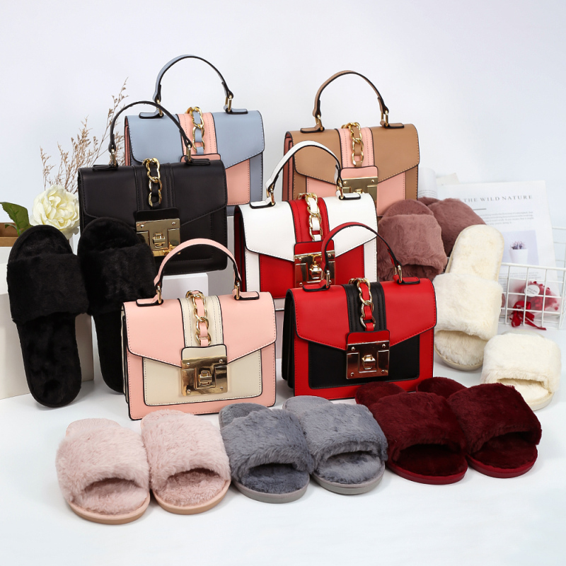 Winter Two-Piece Set Plush Slippers And Leather Hardware Lock Bag Handbag