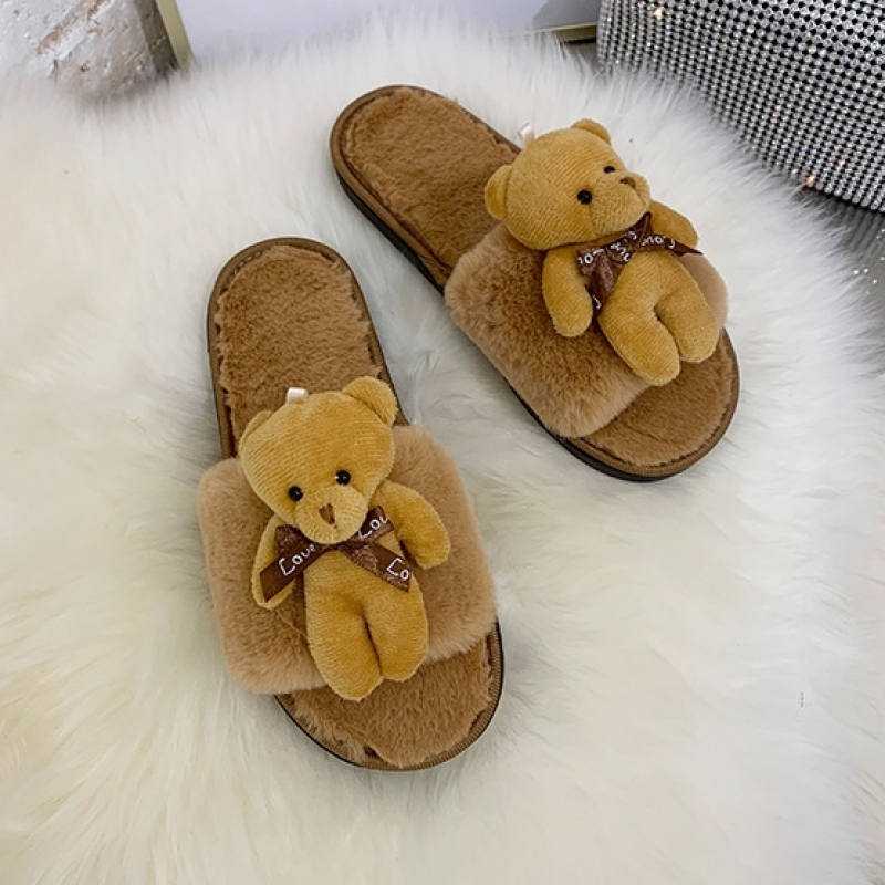INS Cartoon Influence Wool Slippers For Women To Wear Outside Home Indoor Anti Skid Teddy Bear Slippers In Autumn And Winter