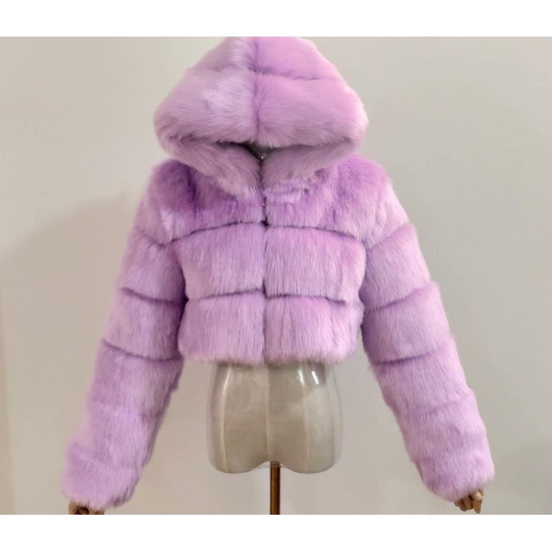 Euro-American Fur Coat Short Hooded Faux Fur Coat Imitation Fox Hair Long-Sleeved Stitching Female Coat