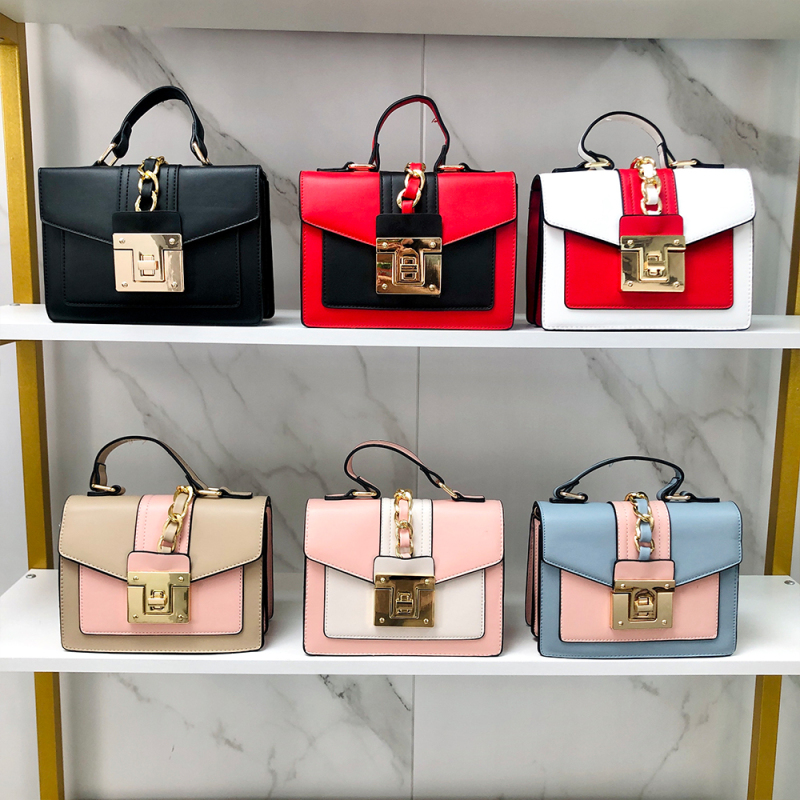  Women Pu Leather Crossbody Square Hardware Lock Bag 