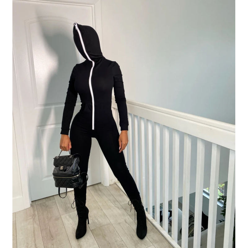 Amazon Wish Hot Sale Hot Sale Euro-American Women'S Hooded Solid Color Jumpsuit