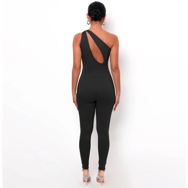 Aliexpress Summer One-Shoulder Hollow Sexy Solid Color High Waist Skinny Sports Jumpsuit