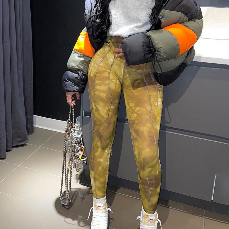 European Style High Quality Women'S New Product Summer New Style Stitching High Waist Tight Fitting Linen Trousers Tie Dye Pants