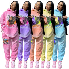 Euro-American New Year And Winter Thick Velvet Women'S Printed Tie-Dye Hooded Casual Sports Thick Suit