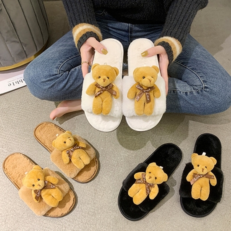 INS Cartoon Influence Wool Slippers For Women To Wear Outside Home Indoor Anti Skid Teddy Bear Slippers In Autumn And Winter