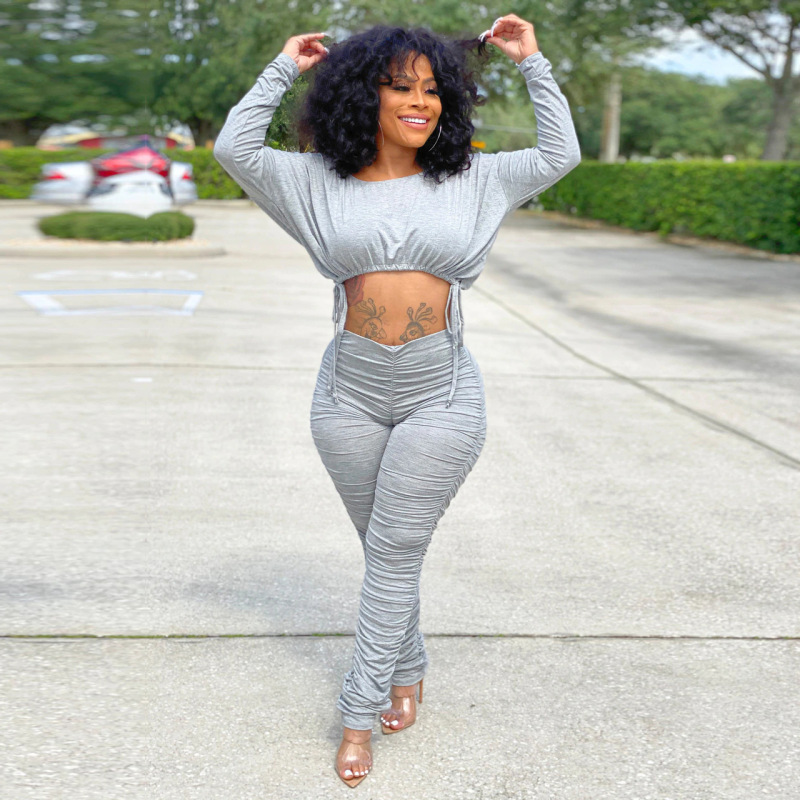 Women'S Autumn And Winter Simple Fashion Casual Sports Round Neck Pleated Drawstring Long-Sleeved Trousers Suit 2 Pieces Set