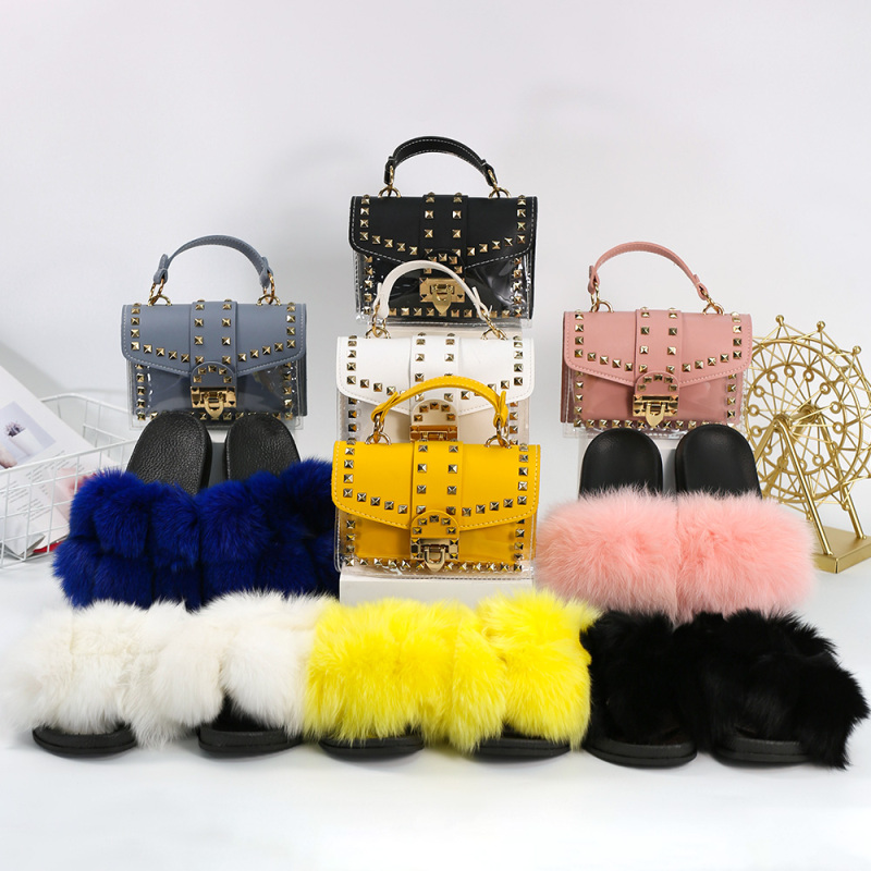 Gold Supplier New Collection 2 Piece Sets Transparent Rivet Bags And Fur Slippers Set Designer Women Handbags Ladies Purses Set