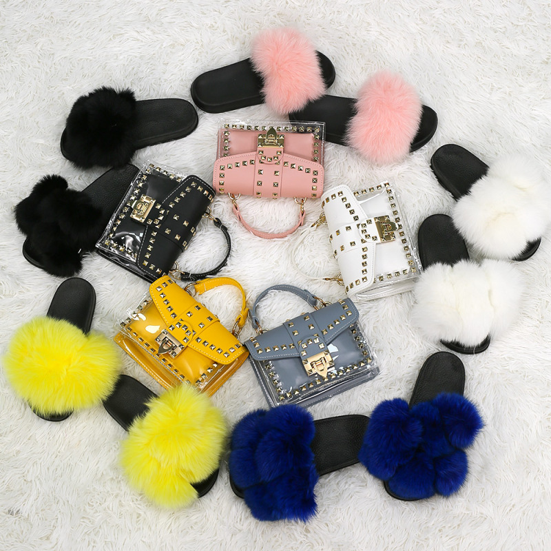 Gold Supplier New Collection 2 Piece Sets Transparent Rivet Bags And Fur Slippers Set Designer Women Handbags Ladies Purses Set