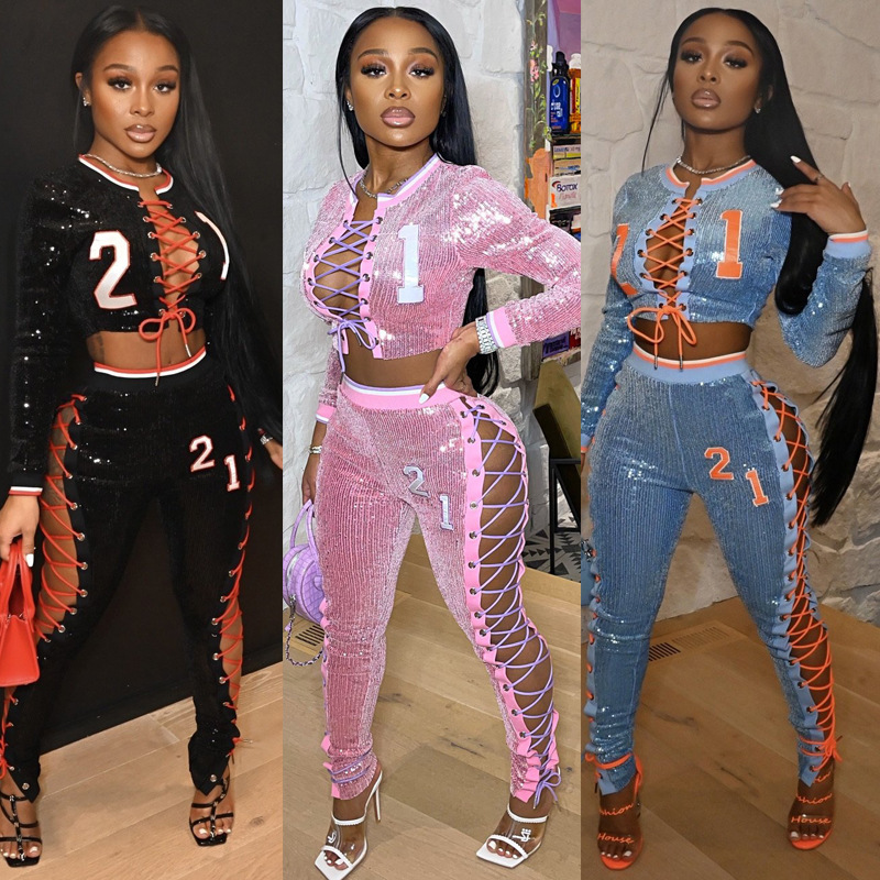 New High-Waist Pants Printed Sexy Sweater Fleece Sweater Long-Sleeved Straight Yoga Temperament Commuter Sequined Two-Piece Set
