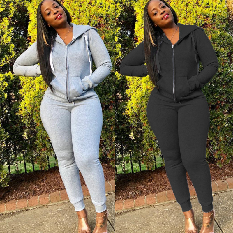 Amazon Hot Sale Autumn And Winter Euro-American Women'S Solid Color Suit Sports Two-Piece Suit