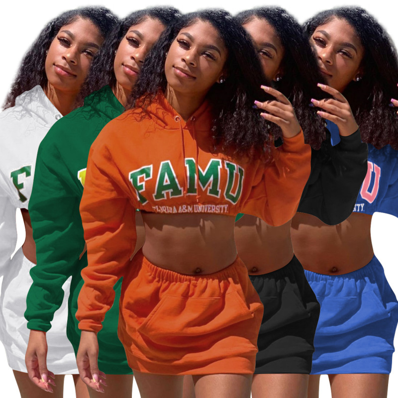Amazon Euro-American Women'S Autumn Bag Hip Skirt Long-Sleeved Hooded Sweater Miniskirt Two-Piece Suit