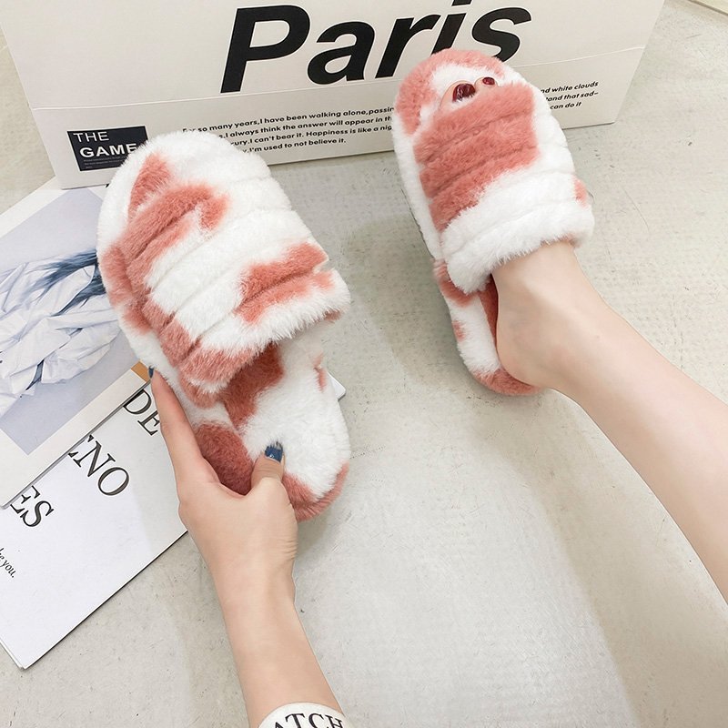 Autumn And Winter Stockpile House Women'S Slippers Tie Dyed Slippers Cute And Comfortable Plush Fluffy Fur Slippers