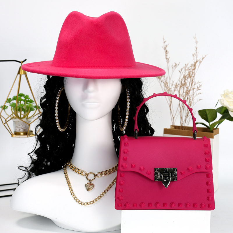 Solid Color Jazz Hat And Women's PVC Rivet Shoulder Handbag