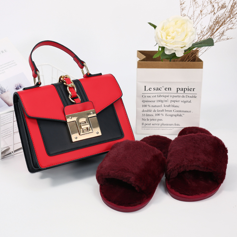 Winter Two-Piece Set Plush Slippers And Leather Hardware Lock Bag Handbag