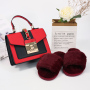 Winter Two-Piece Set Plush Slippers And Leather Hardware Lock Bag Handbag
