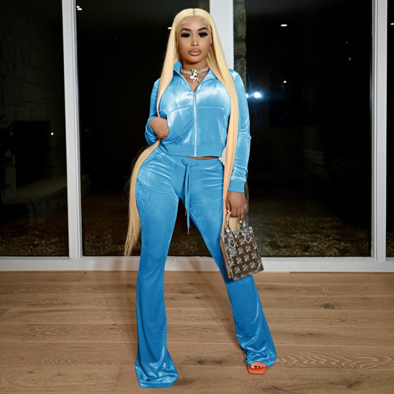 American Fashion Casual Solid Color Velvet Rib Stitching Sports And Leisure Women Hoodie Suit Two-Piece Flared Pants Ladies