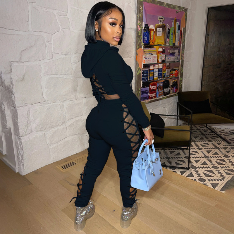 Autumn And Winter Models Euro-American Fashion Corn Eyelet Straps Solid Color Pants Suit Sexy Hollow Sweater Two-Piece Suit
