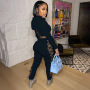 Autumn And Winter Models Euro-American Fashion Corn Eyelet Straps Solid Color Pants Suit Sexy Hollow Sweater Two-Piece Suit