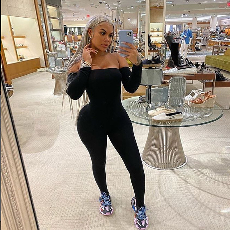 Ins New Summer Elastic Women'S Sexy One-Shoulder Tight Sports Jumpsuit And Send Sleeves