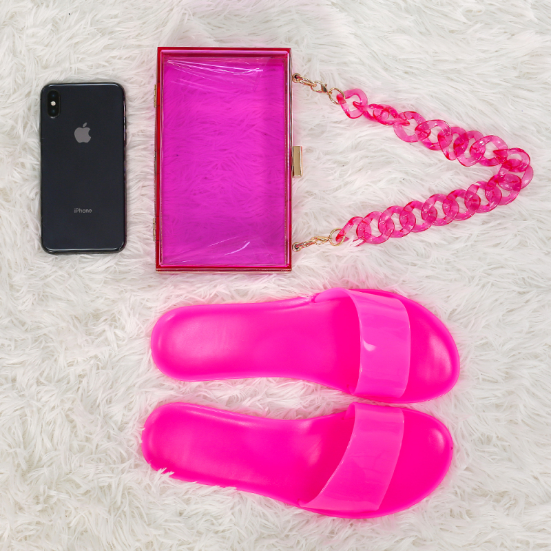 Women's PVC Transparent Jelly Square Diagonal Shoulder Bag And Slippers Set