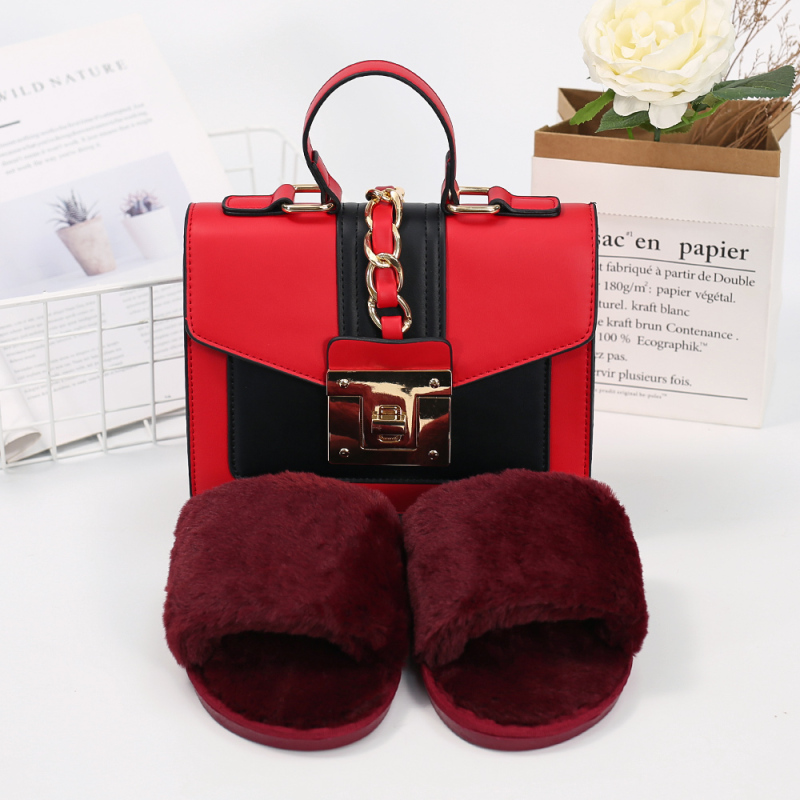Winter Two-Piece Set Plush Slippers And Leather Hardware Lock Bag Handbag