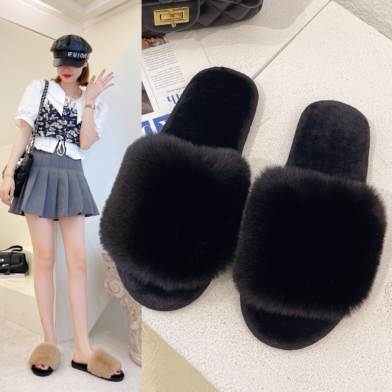 Flip Flops Plush Slippers Women Flat-Bottomed Plush Outer Wear Cotton Slippers