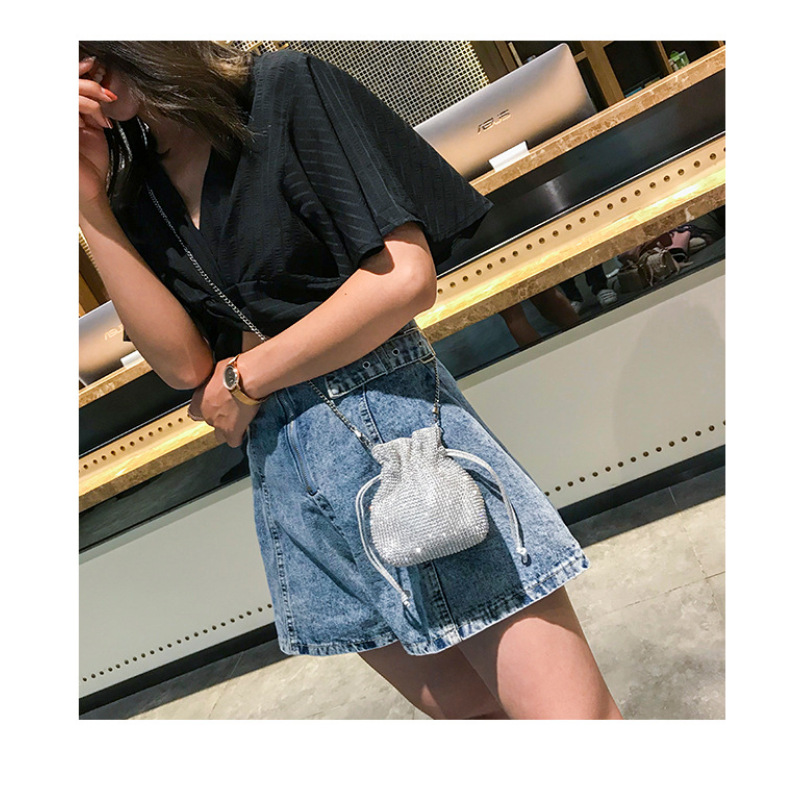Ins Simple Rhinestone Bucket Bag Lady Bag 2021 New Fashion Texture Chain Messenger Bag Handbag For Woman