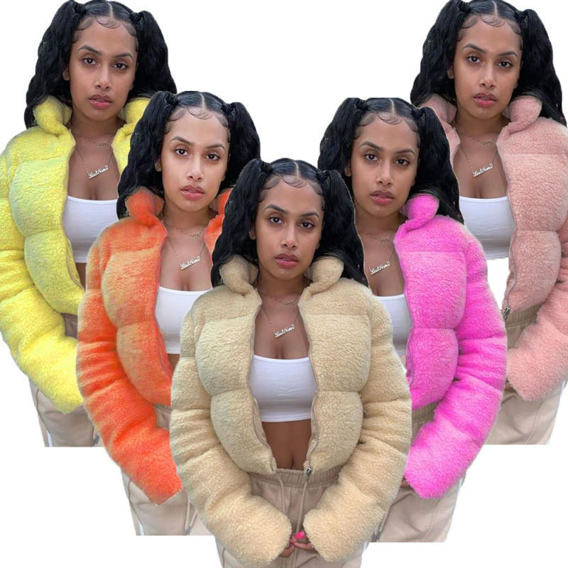 Women'S Clothing New Autumn And Winter Women'S Pure Color Fashion Stand-Up Collar Zipper Long-Sleeved Warm Lamb Cotton Jacket