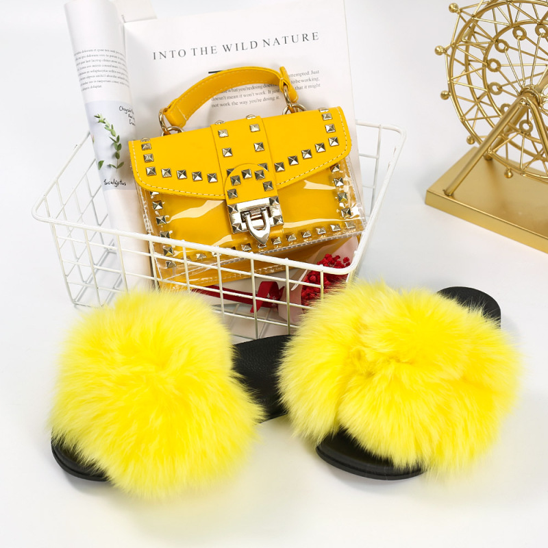 Gold Supplier New Collection 2 Piece Sets Transparent Rivet Bags And Fur Slippers Set Designer Women Handbags Ladies Purses Set