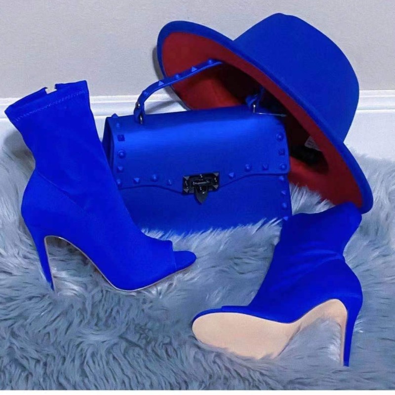 New Euro-American Fish Mouth Women'S Boots Stretch Cloth Open Toe Stiletto Sandals Plus Size Fashionable High-Top Shoes