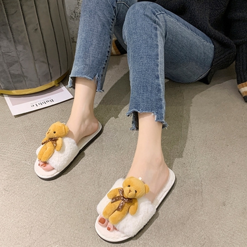 INS Cartoon Influence Wool Slippers For Women To Wear Outside Home Indoor Anti Skid Teddy Bear Slippers In Autumn And Winter