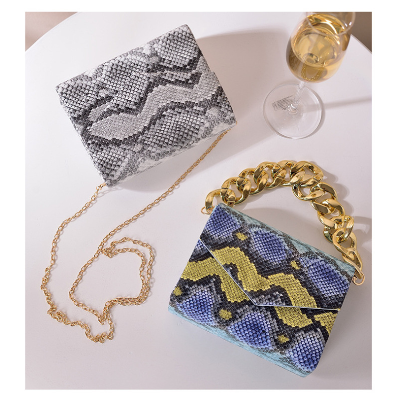 Snakeskin Pattern Leather Metal Chain Square Handbag
