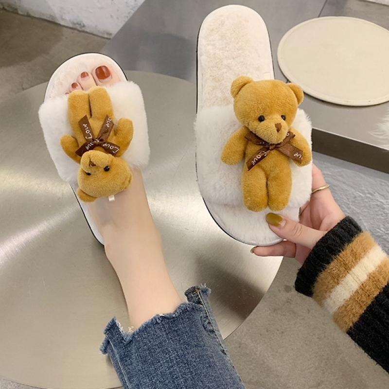 INS Cartoon Influence Wool Slippers For Women To Wear Outside Home Indoor Anti Skid Teddy Bear Slippers In Autumn And Winter